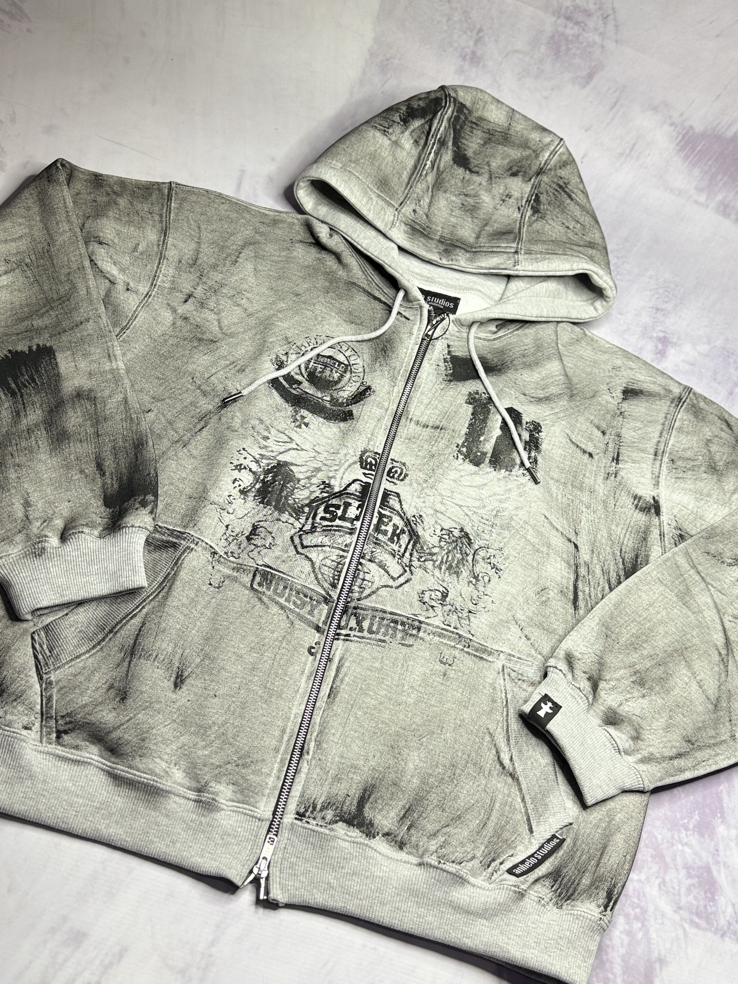 STAINED ZIP HOODIE GREY hover